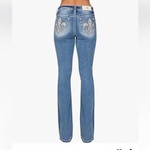 Miss Me Jeans Womens 29x34 Blue‎ Mid Rise Bootcut Fleur De Lis Embellished NWT